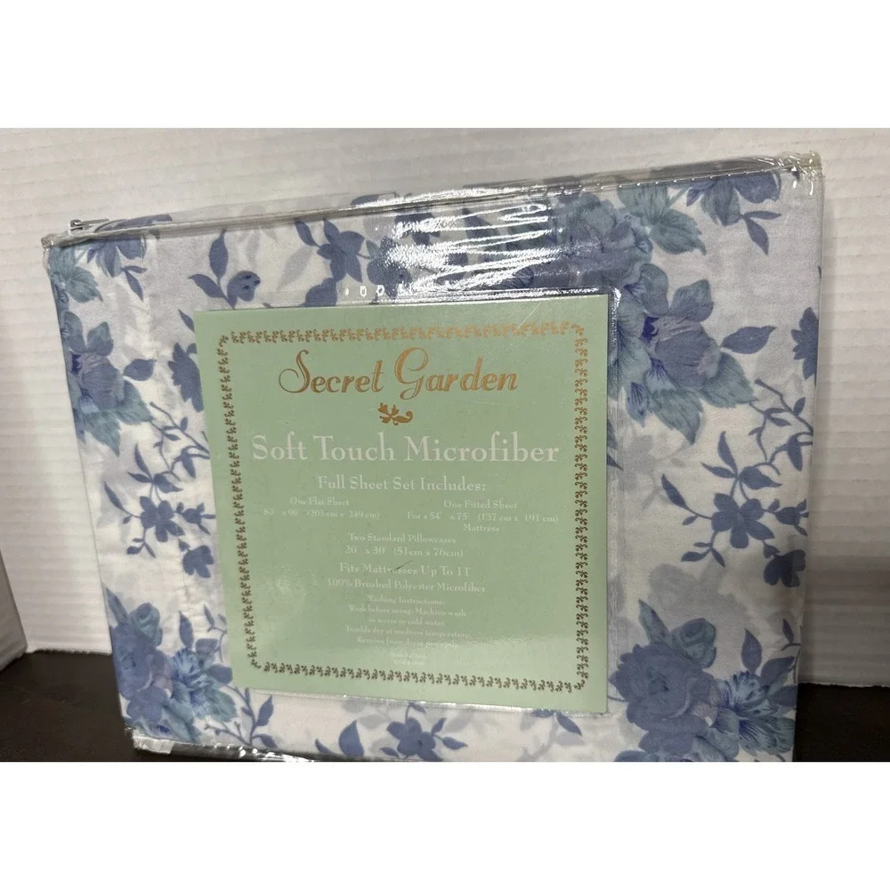 Secret Garden Soft Touch Microfiber Sheet Set Full Size Blue White Floral